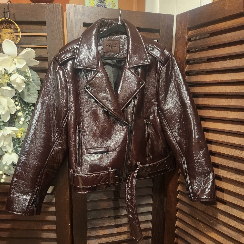Blank NYC Shiny Dark Brown Cropped Biker Jacket